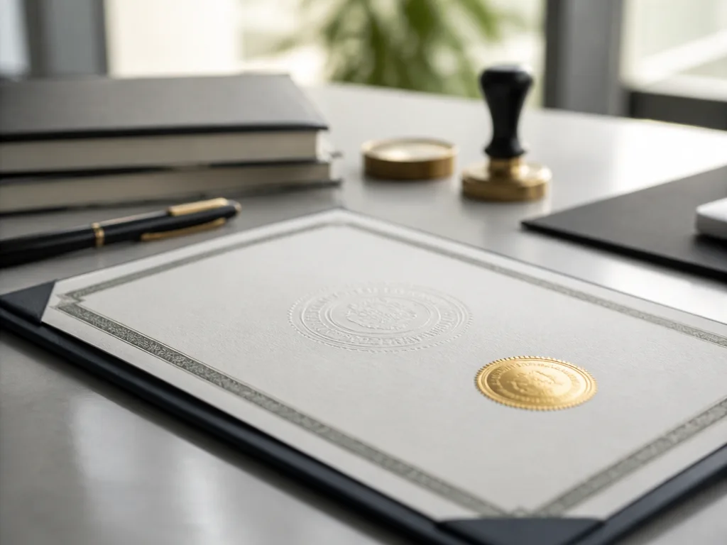 Officiellt registreringsbevis-dokument med formellt stämpelmärke på ett kontorsbord