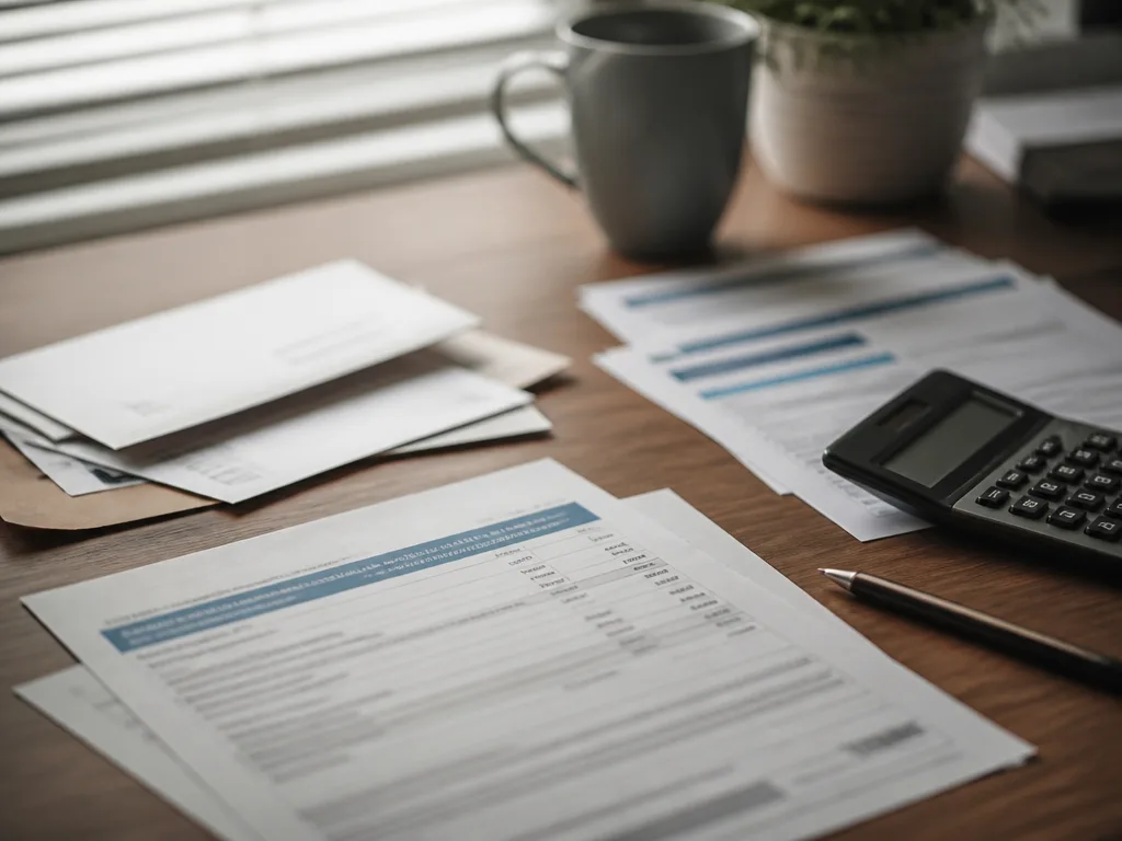 Officiella brev och kuvert på ett träskrivbord med miniräknare och penna, symboliserar skulddokument och finansiella utmaningar