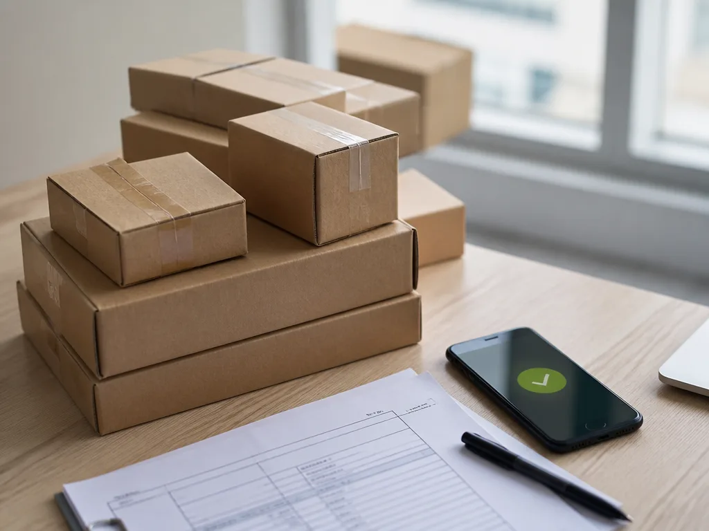 Paket och en tulldeklaration på ett skrivbord med en telefon som visar en betalningsavisering