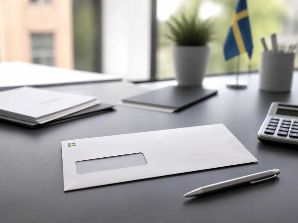 Brev från inkassobolag på ett skrivbord med penna och miniräknare, finansiell dokumenthantering